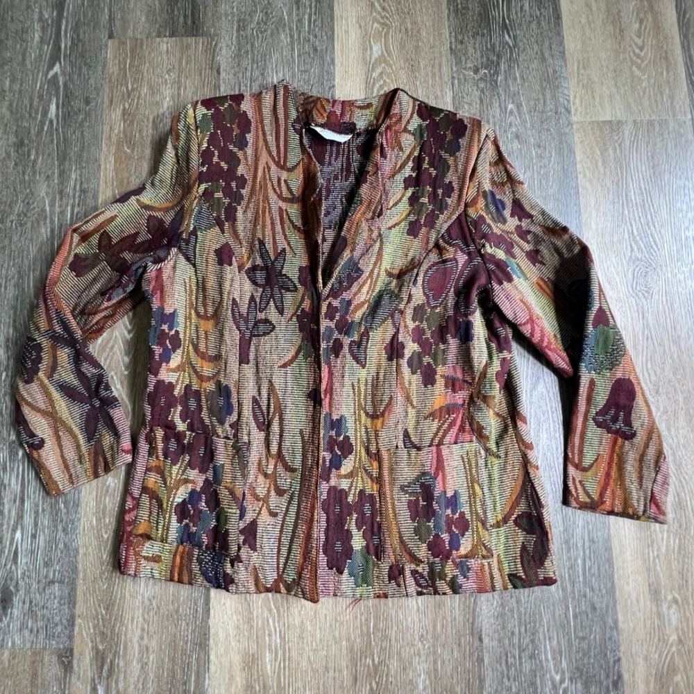 Dawn's Choice Tapestry Jacket Women L Multi Color Floral Woven Open Vintage
